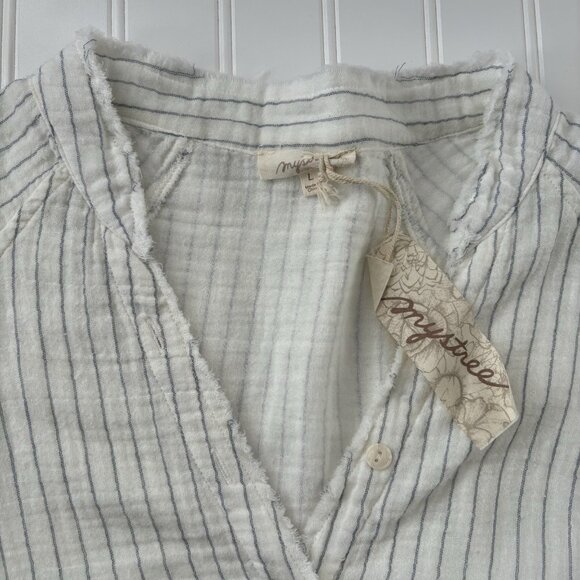 Mystree 100% Cotton Tunic Button Shirt (Sz L) Striped Long Sleeve Coastal Casual - Picture 9 of 12